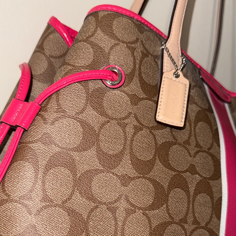 Coach Brown Signature Tote with Pink and White Stripe - Picture 5 of 14